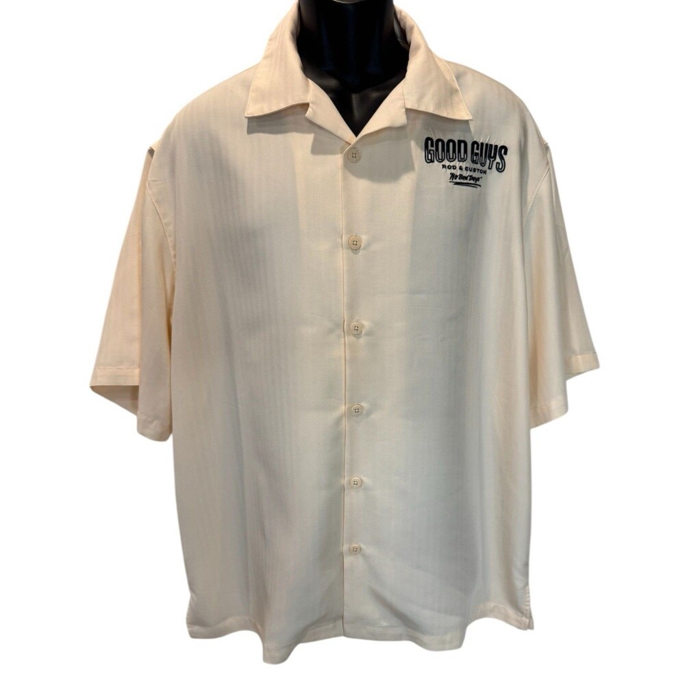 Men’s L GoodGuys Rod & Custom Garage Scout Camp Shirt Collared Beige Embroidered